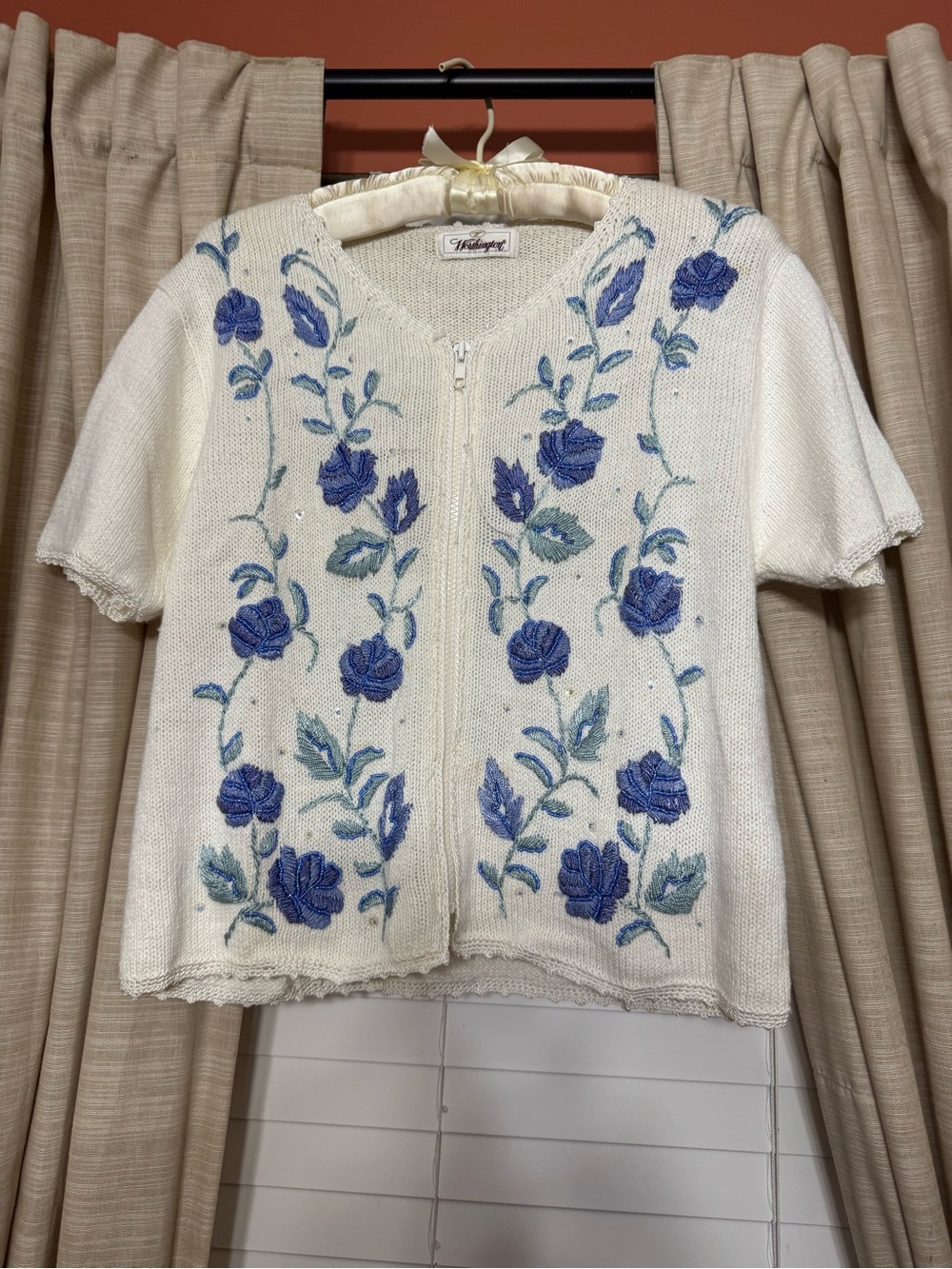 Worthington Cream Short Sleeve Zip Cardigan with Blue Rose Embroidery